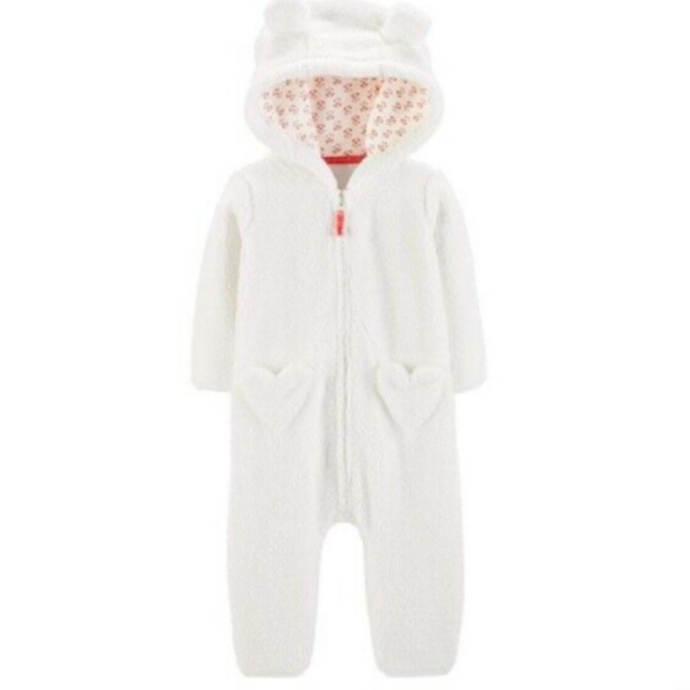 Toddler Baby Girls Hooded w/3D Ears One-Piece Fleece Jumpsuit, White 24 Months - Picture 2 of 2
